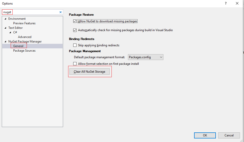 image of Visual Studio Option Menu For NuGet